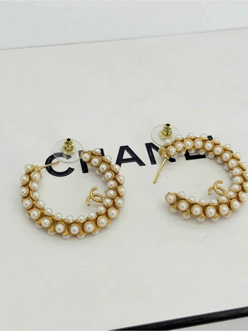 Chanel 2023 Faux Pearl CC Hoop Earrings